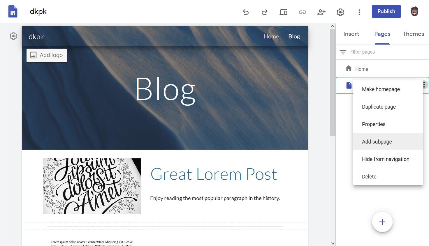 Add subpages to blog at Google Sites.