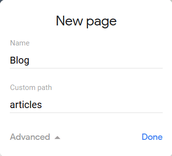 Add new page modal at Google Sites.