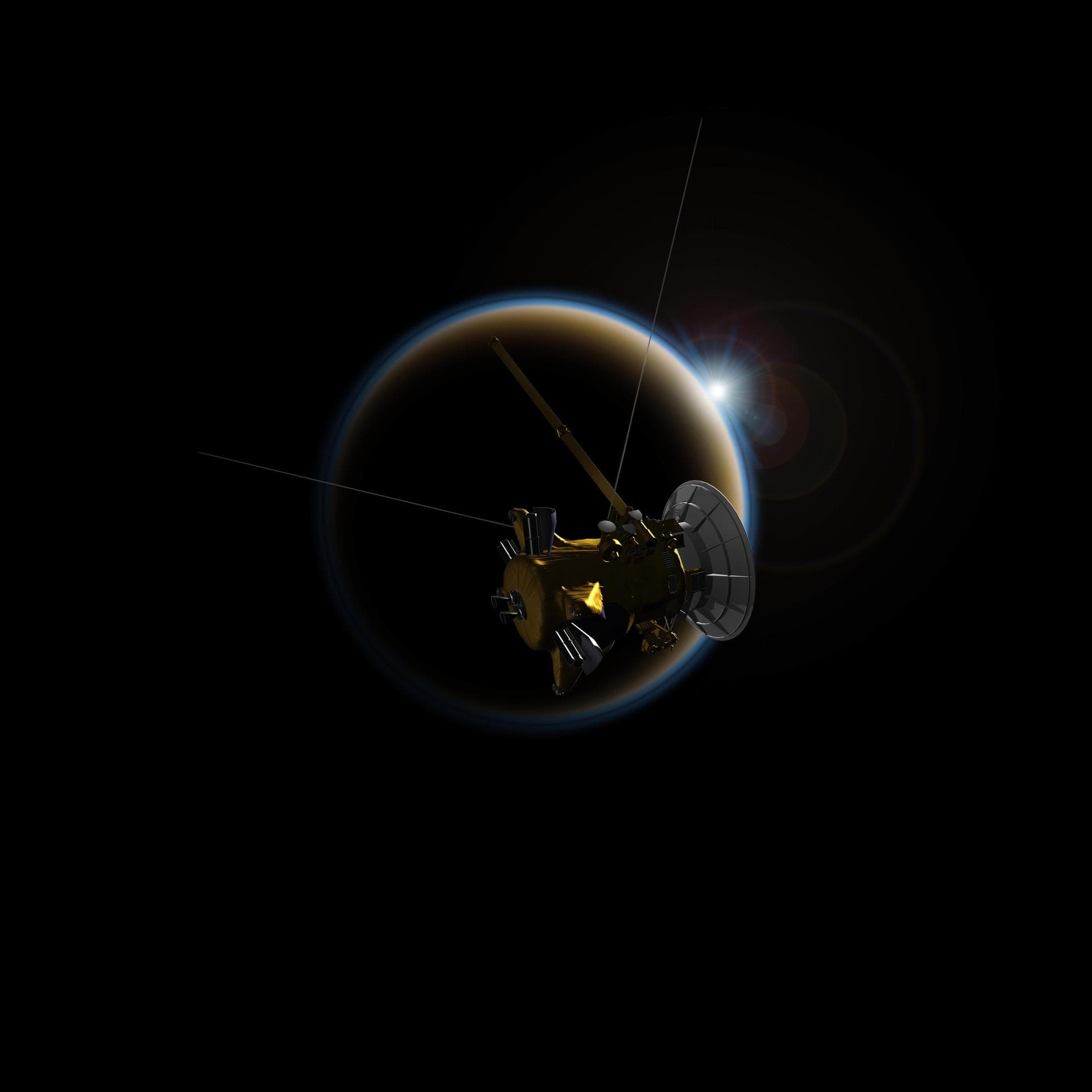 An illustration of the Cassini spacecraft, with its large dish antenna, above the hazy orange edge of Titan