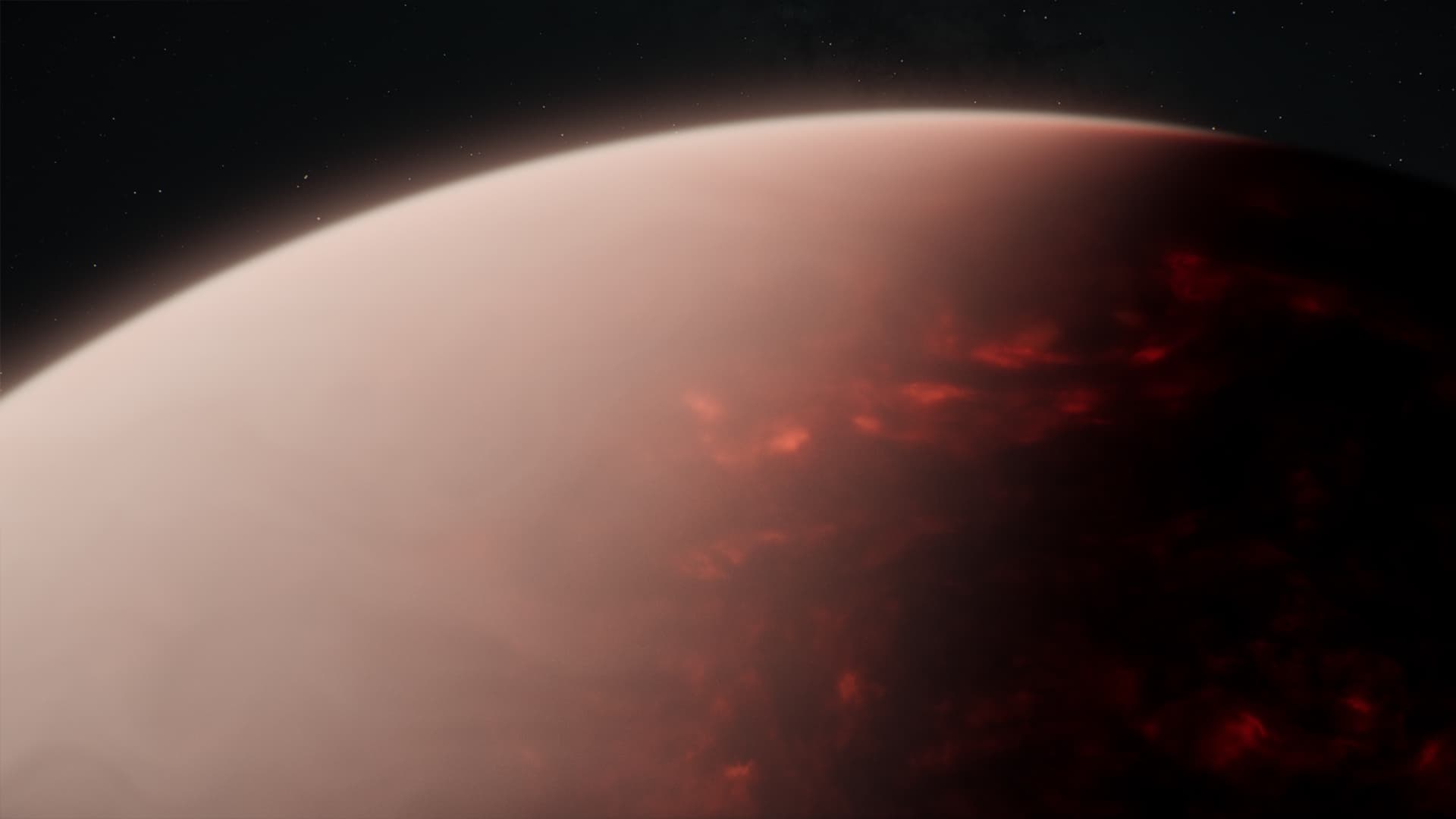 An illustration of a planet with a glowing, partly molten surface beneath a thick atmosphere