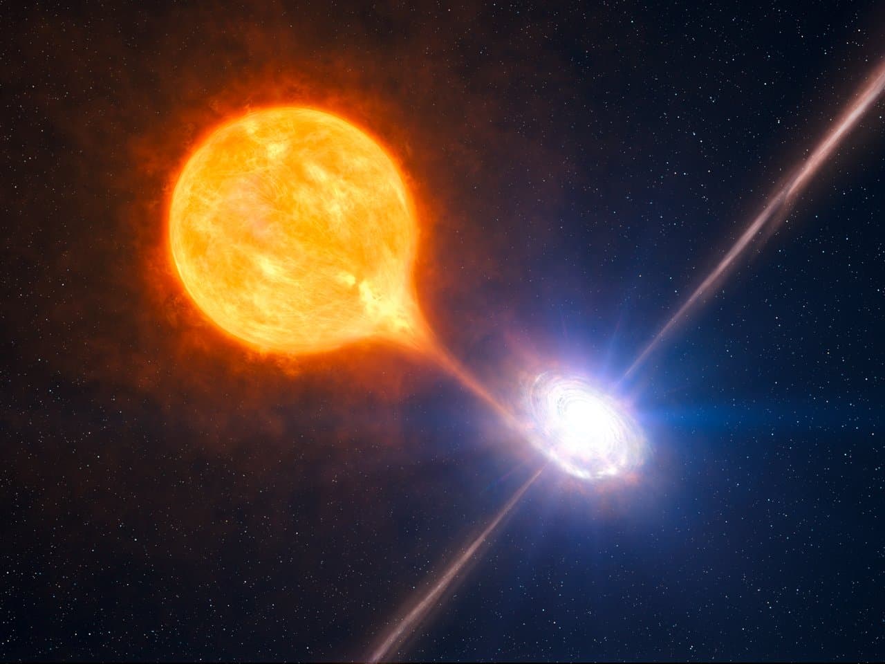 An illustration of a black hole in a pair of stars, pulling gas from its companion star into a disk and firing jets